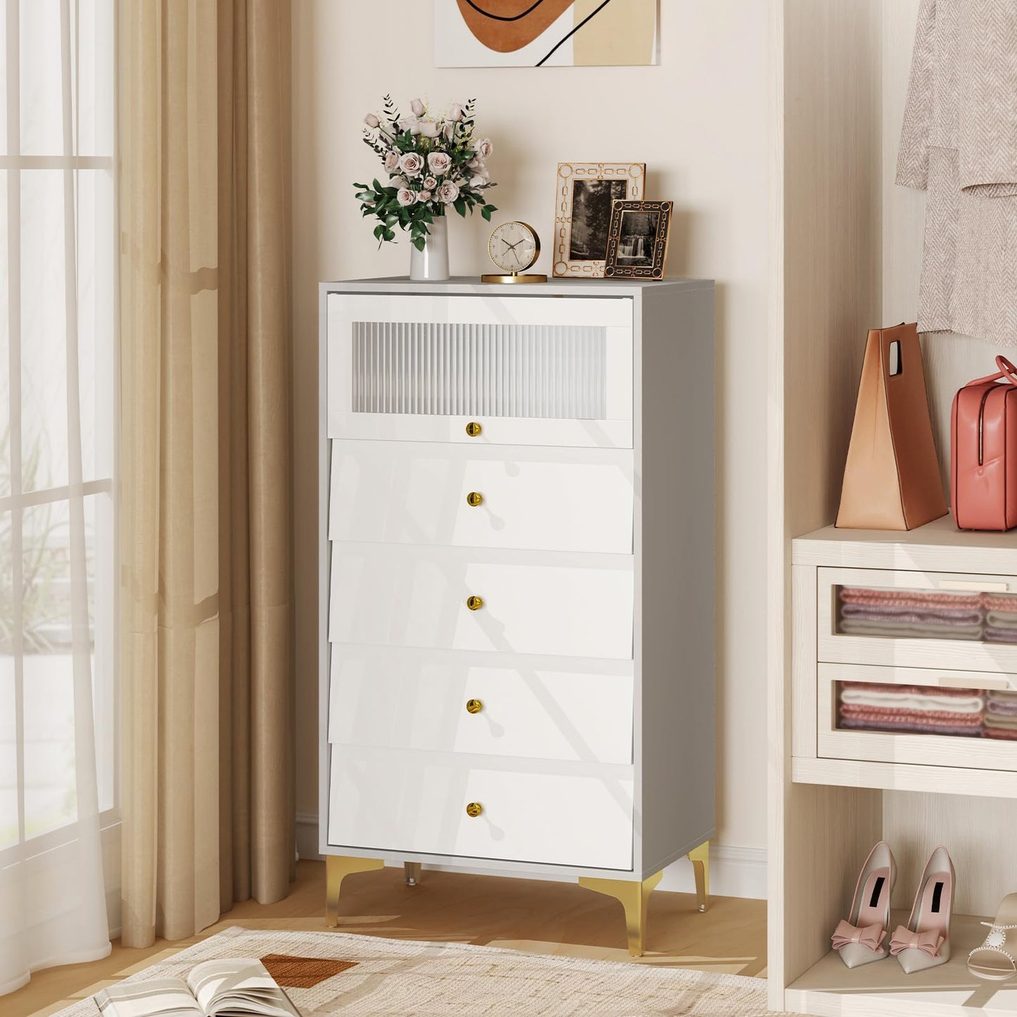 Giantex Chest of Drawers 3/4-Drawer Dresser Storage Cabinet with Flip Up Glass Door (Gray, 5-Tier)