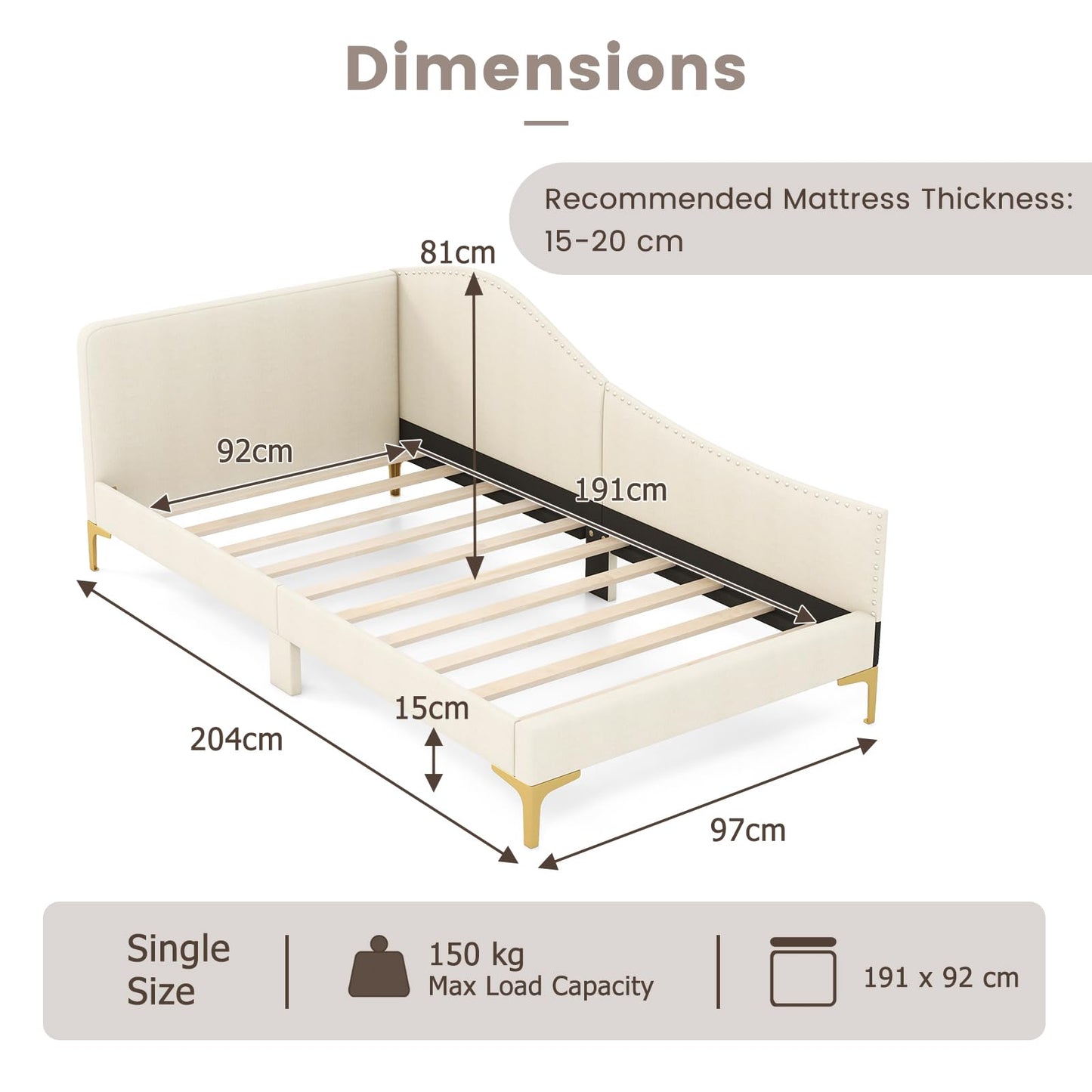 Single Size Upholstered Daybed Rivet-Tufted Platform Bed with Metal Legs