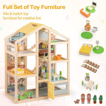 Kids Wooden Dollhouse with 7 Rooms and 18 Pcs Furniture Accessories