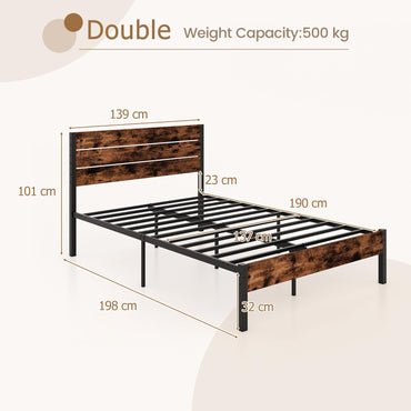 4FT6 Industrial Metal Platform Bed Frame with Wood Headboard & Underbed Storage