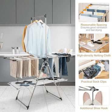 2-Tier Foldable Laundry Drying Rack with Tall Hanging Bar