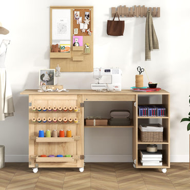 Folding Sewing Table, Mobile Craft Table with Rattan Door