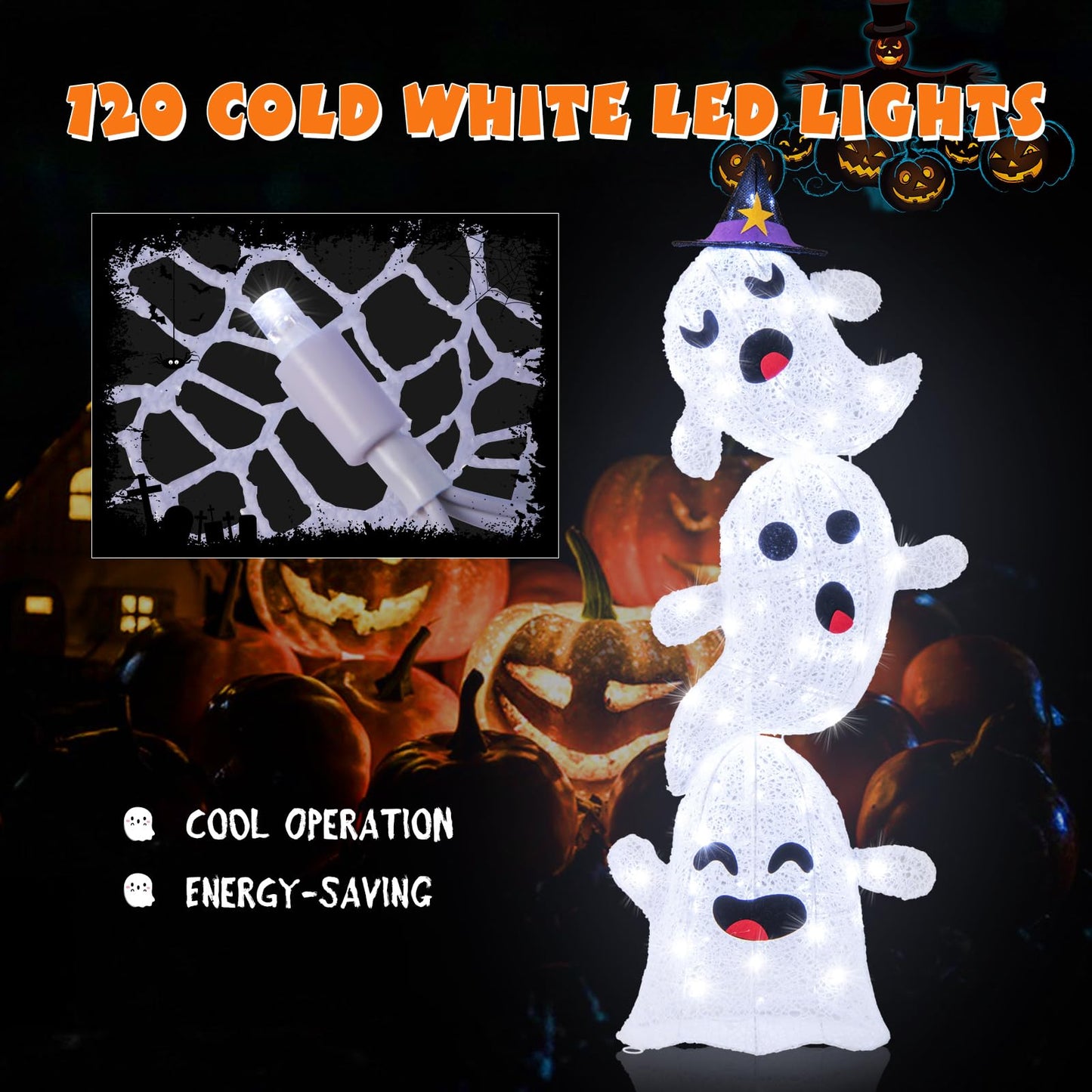 4 FT Lighted Stacked Ghosts with 120 LED Lights and 4 Metal Ground Stakes