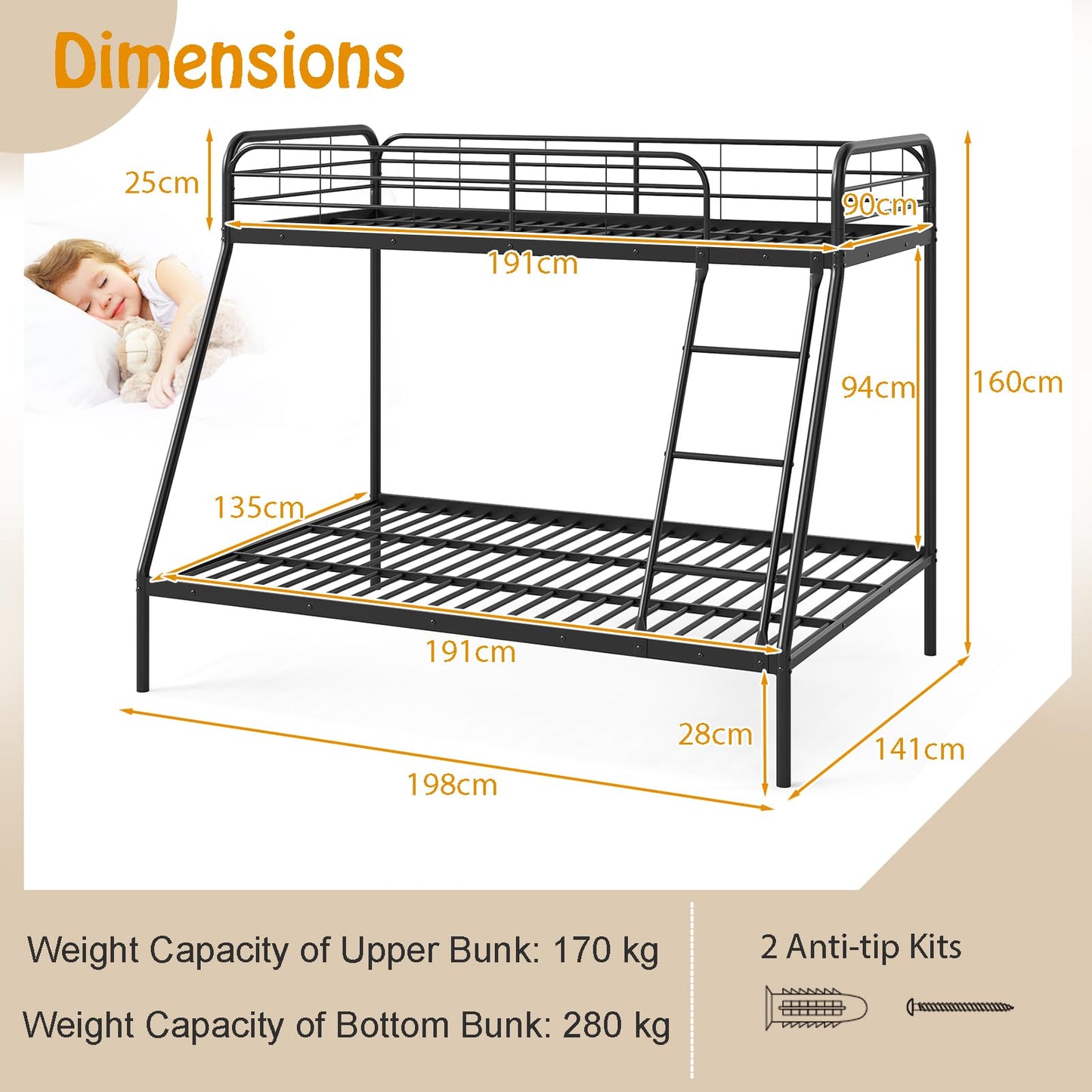 Single over Double Loft Bed Frame with Ladder and Safety Guardrail