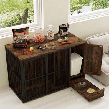 120CM Dog Crate Furniture with Hidden Pull-out Bowls in Drawer Rating: