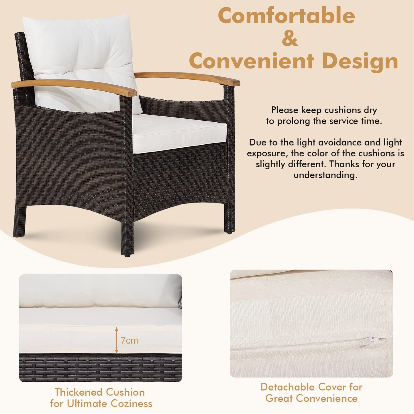 3-Piece Patio Sofa Set Garden Table and Chairs with Cushions