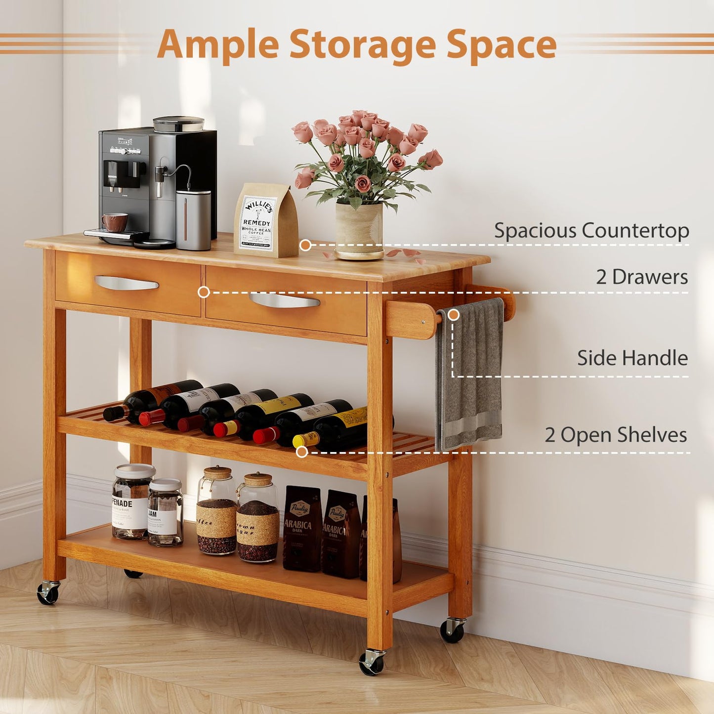 Kitchen Island with Storage 3-Tier Rolling Utility Cart with Wood Countertop