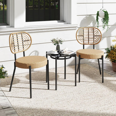 3 Pieces PE Wicker Outdoor Bistro Set Patio Conversation Set with Tempered Glass Coffee Table and Rattan Chairs