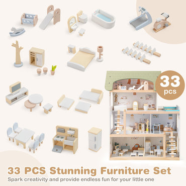 Wooden Dollhouse with 33 PCS Furniture Accessories for Girls and Boys
