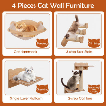 4pcs Wall Mounted Cat Tree with Hammock & Sisal Steps