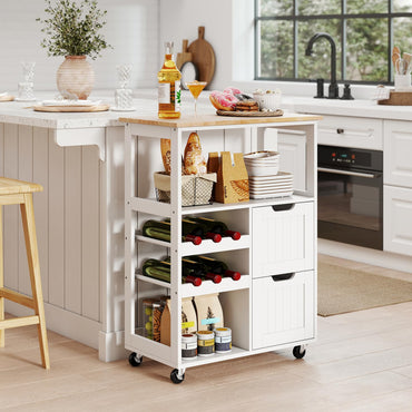 Rolling Kitchen Island Cart with Rubber Wood Top, White