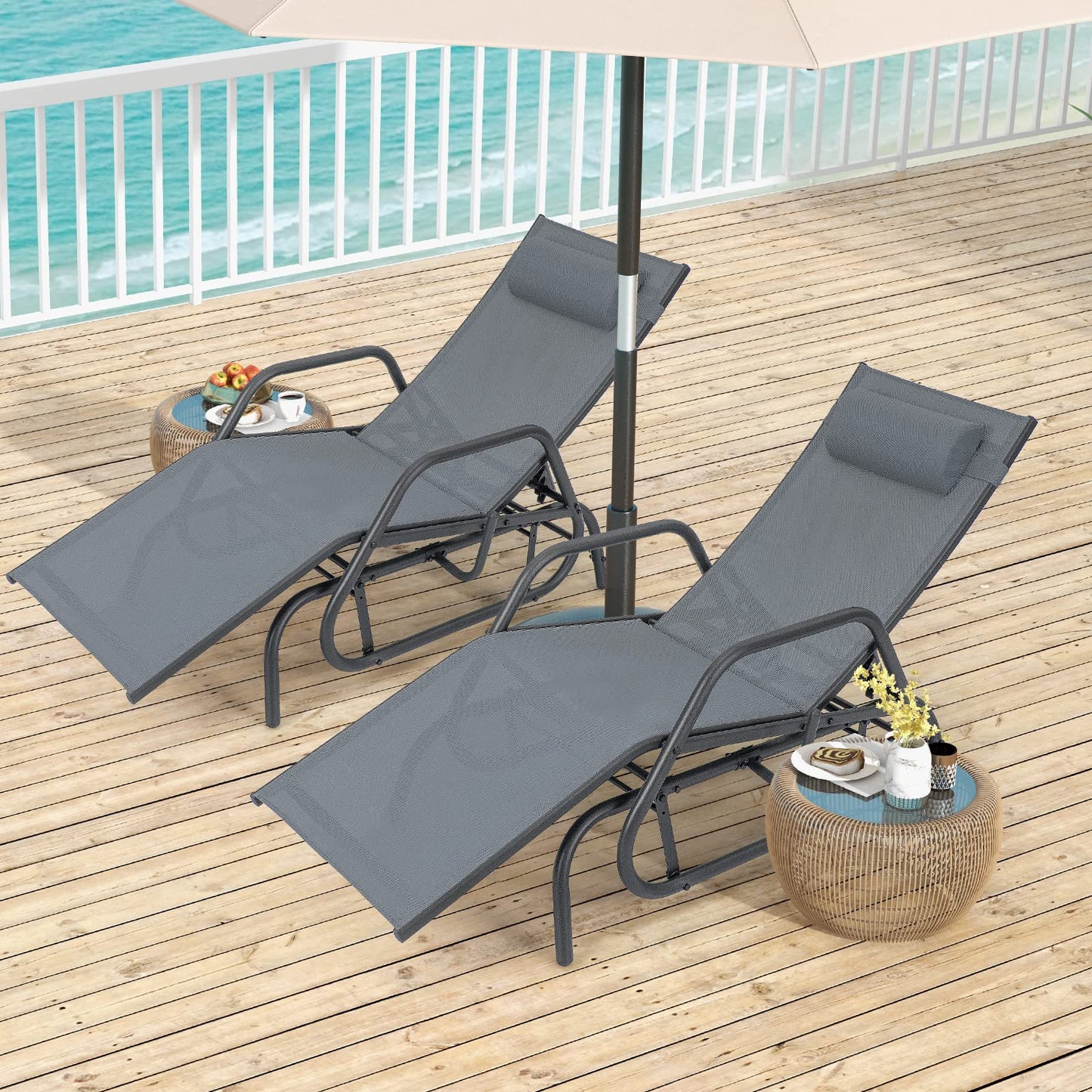 3 Positions Adjustable Patio Glider Chaise Lounge Sunbed with Armrests & Pillow