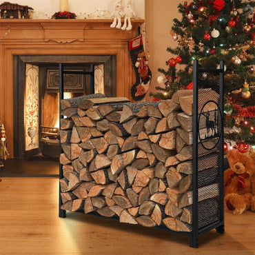 Firewood Rack Stand with Mesh Sides and Deer Tree Patterns