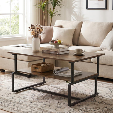 2-Tier Coffee Table, Industrial Rectangle Cocktail Center Table with Storage Shelf