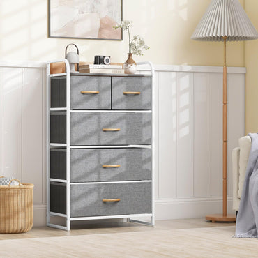 Vertical Dresser Storage Tower with Wooden Top and 5 Drawers