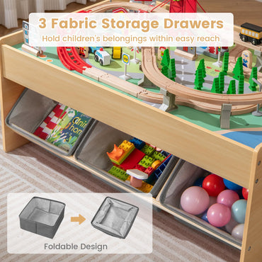 Wooden Train Set Table with 2 Reversible Tabletops and 3 Fabric Drawers