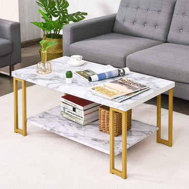 Marble Effect Cocktail Center Table with Storage Shelf