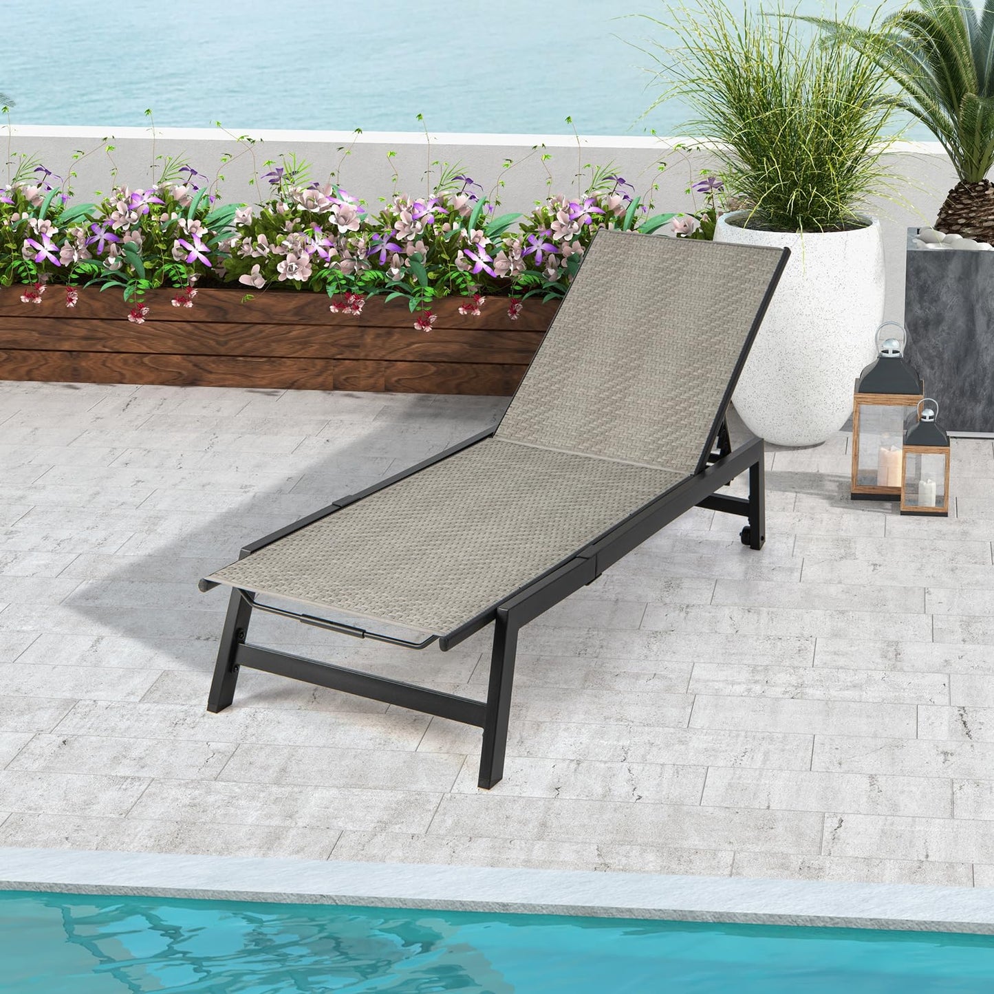 Patio PE Rattan Chaise Lounge with 5-Level Backrest