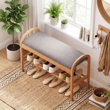 Bamboo Shoe Bench, 2-Tier Shoe Rack Organiser with Padded Seat Cushion and Shelf