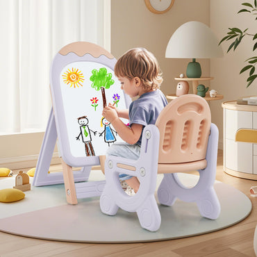 Height-adjustable and Foldable Standing Kids Art Easel with Chair
