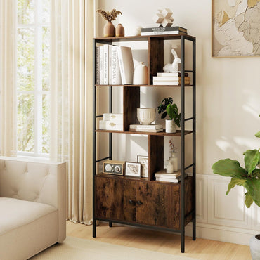 Modern Bookcase with Steel Frame 3-Tier Shelves and 2-Door Cabinet for Living Room