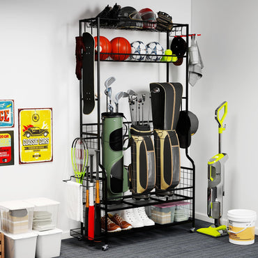 3 Golf Bags Storage Garage Organizer with Wheels 4 Hooks