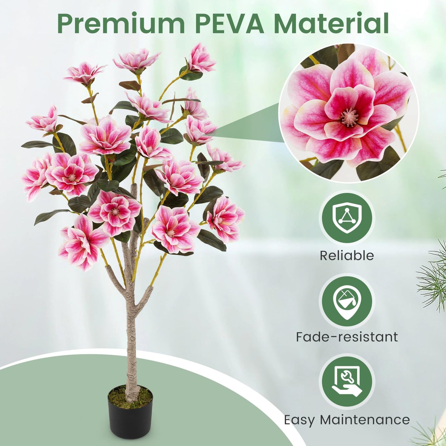 130CM Artificial Magnolia Tree Faux Wedding Flower Plant with Realistic Moss