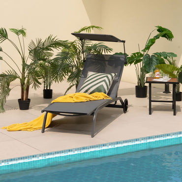 Adjustable Chaise Lounge Deck Sunbed with Rotatable Canopy and Cup Holder