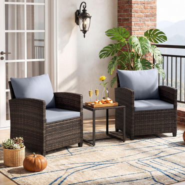 3 Pieces PE Rattan Wicker Outdoor Bistro Conversation Set with Soft Cushions and Tempered Glass Coffee Table