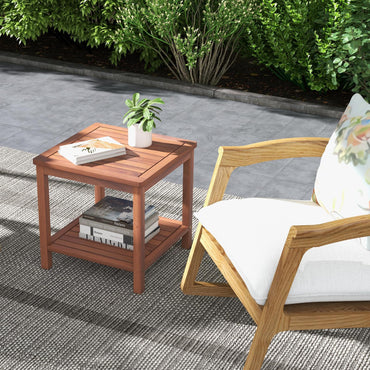 Solid Acacia Wood Outdoor Coffee Table with 2-Tier Storage Shelves