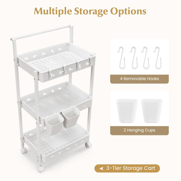 3-Tier Rolling Storage Cart with 2 Hanging Cups and 4 Hooks