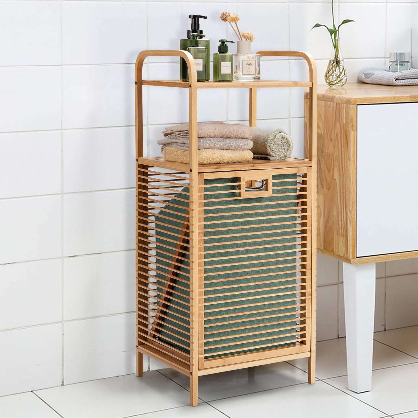 Bamboo Laundry Bin with Storage and Removable Basket