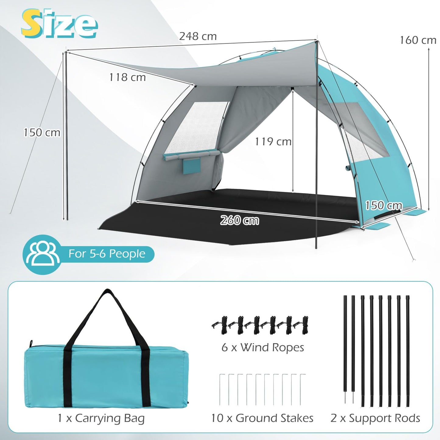 Beach Tent Sun Shelter with Canopy Carry Bag for 5-6 Person
