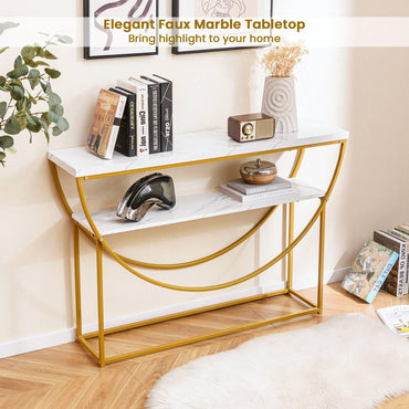 2-Tier Faux Marble Top Console Table with Storage Shelf
