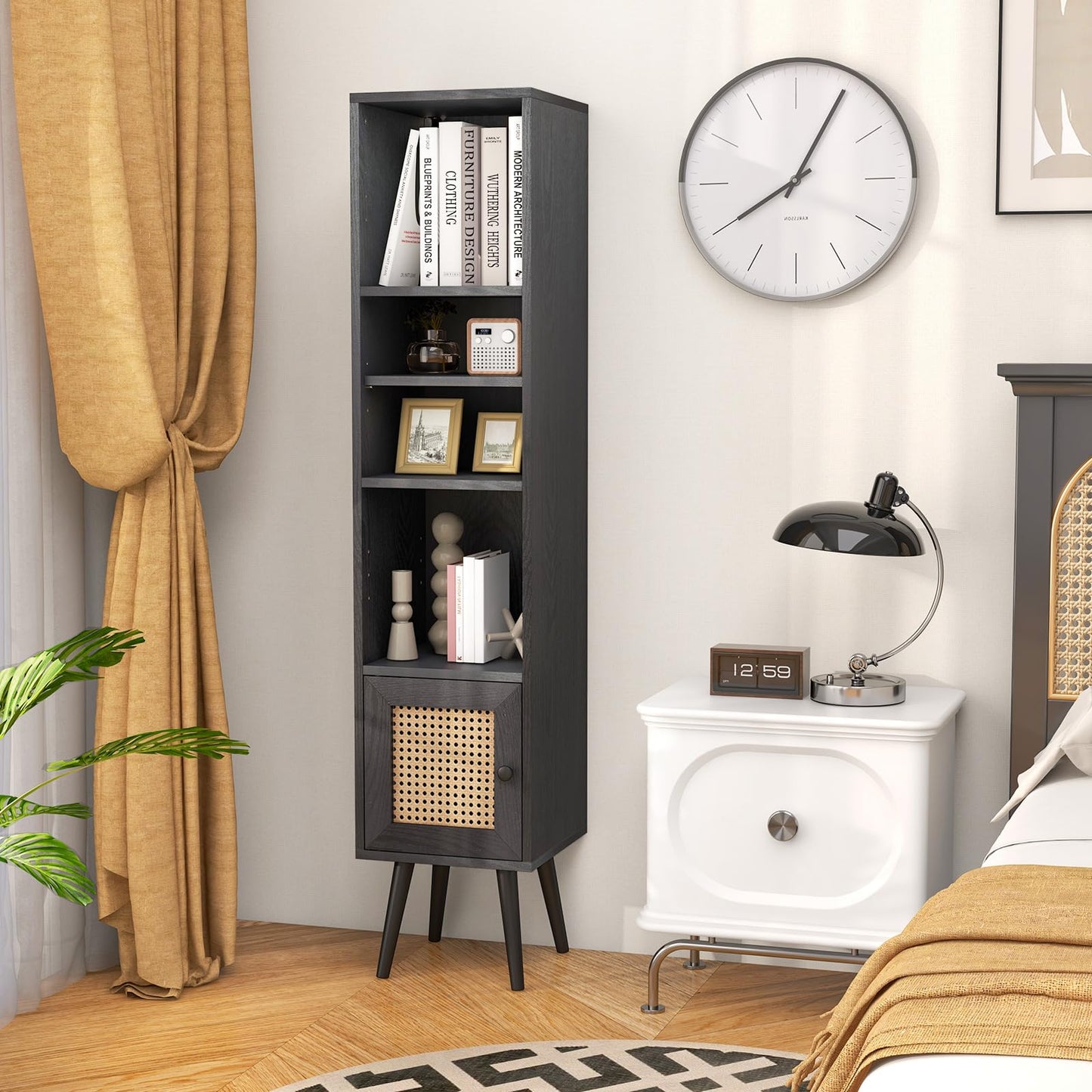 Freestanding Slim Cabinet with Rattan Door and Solid Wood Legs