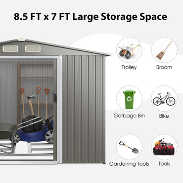 8.5x7FT Outdoor Galvanized Metal Garden Shed with Foundation
