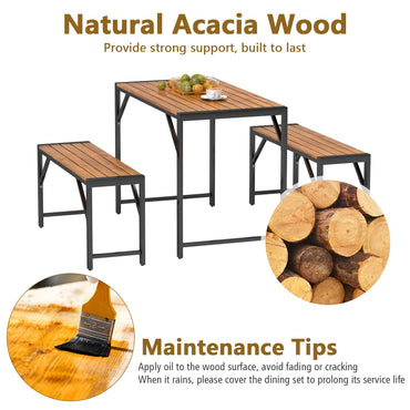 3 Pieces Patio Dining Set with Outdoor Picnic Table and 2 Benches for 4 People