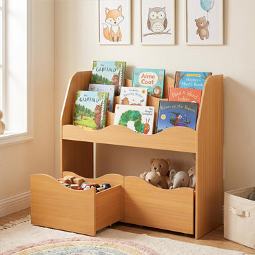 Kids Bookshelf, Storage Organizer with 2 Rolling Drawers