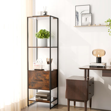 5-Tier Tall Narrow Bookcase Bookshelf with Drawer Shelves