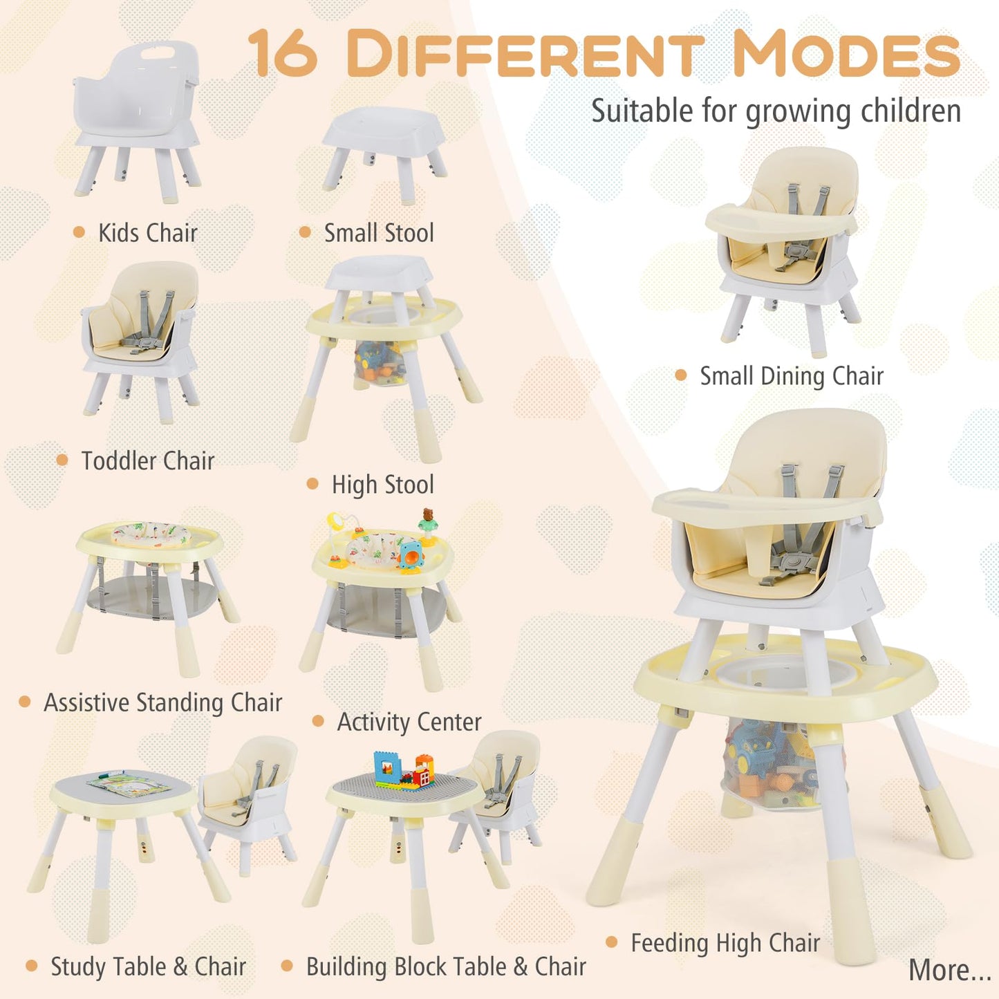 16 in 1 Convertible Highchair/Table Chair Set/Building Block Table/Booster Seat with Removable Tray