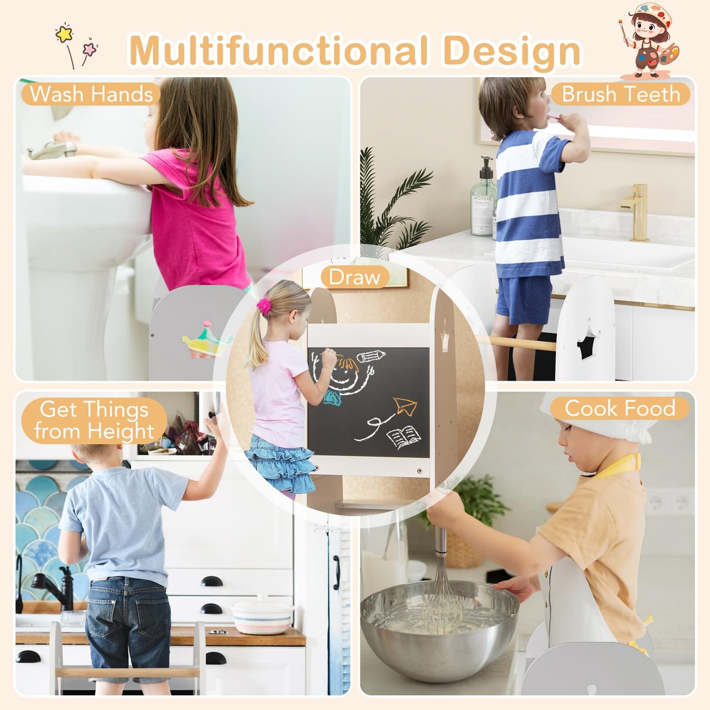 3 Heights Adjustable Kitchen Stand Helper with Double-sided Chalkboard