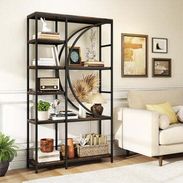 6-Tier Industrial Etagere Bookshelf with Open Storage Shelves and Arc-Shaped Design