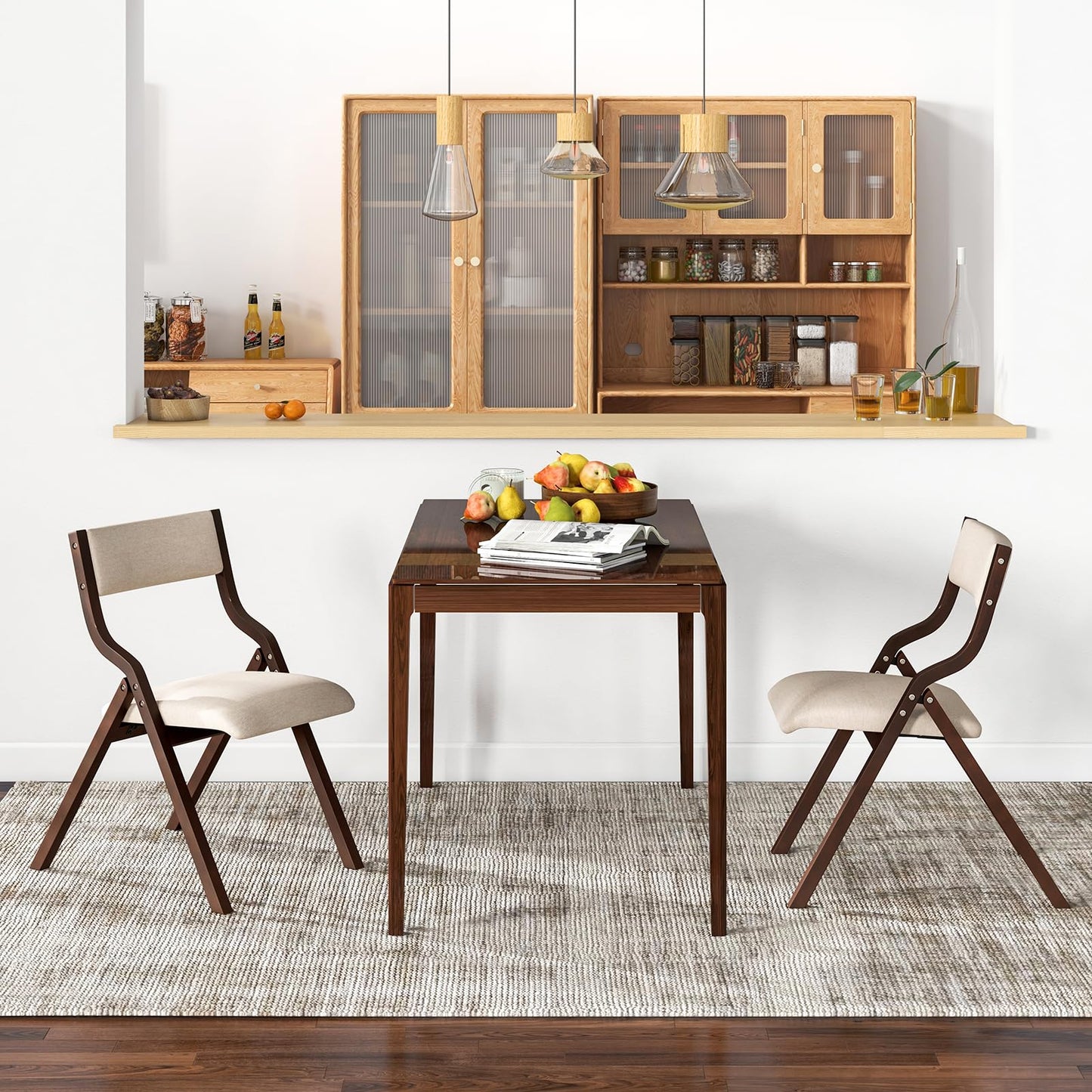 Padded Folding Chair Set of 2, Wooden Counter Dining Chairs with Linen Fabric Seat