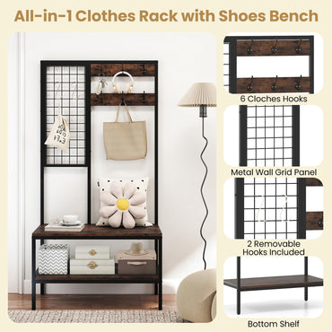 Freestanding Coat Rack with Shoe Storage Bench & Wall Grid Panel