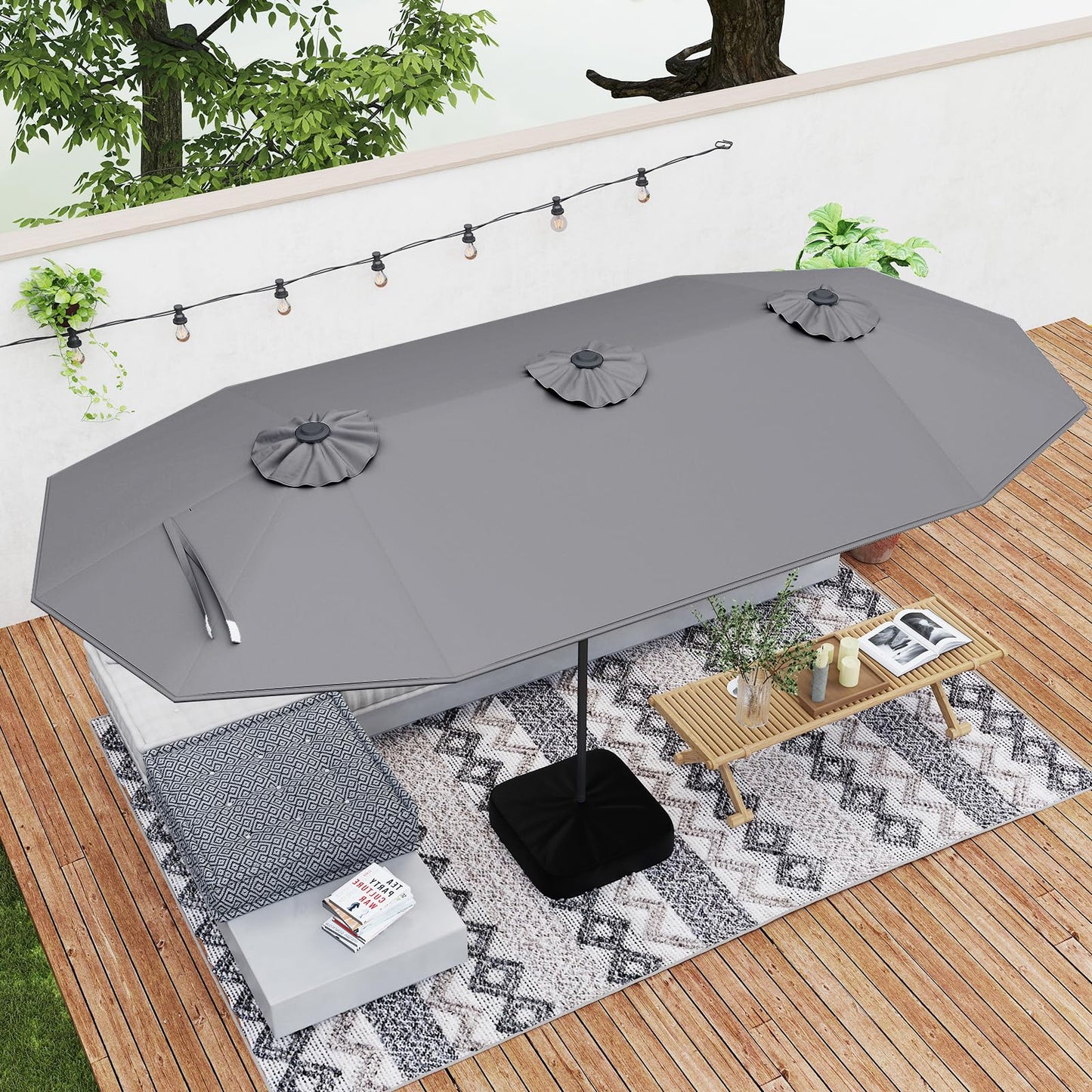 4M Double-Sided Parasol with Base with 36 Solar LED Lights