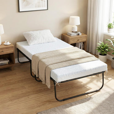 Cot Size Folding Bed with Mattress Heavy-Duty Metal Frame