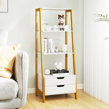 Ladder Bookshelf with Storage with 4 Open Shelves and 2 Drawers