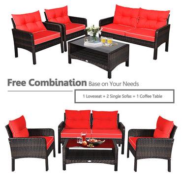 4-Piece Garden Rattan Conversation Furniture Set with Tempered Glass Table
