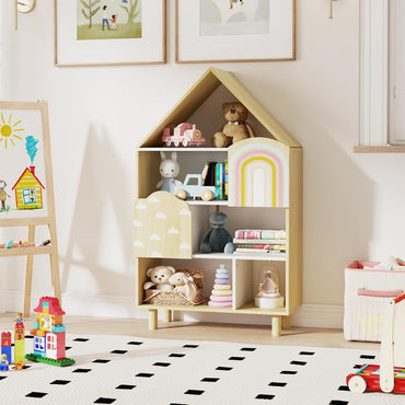 Kids Dollhouse Bookshelf with 2 Doors for Playroom Bedroom