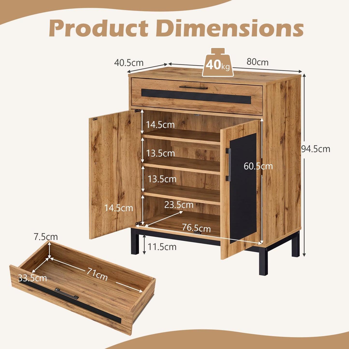 Storage Cabinet, Wooden Buffet Sideboard with Drawer, Doors, Removable Shelves and Metal Legs